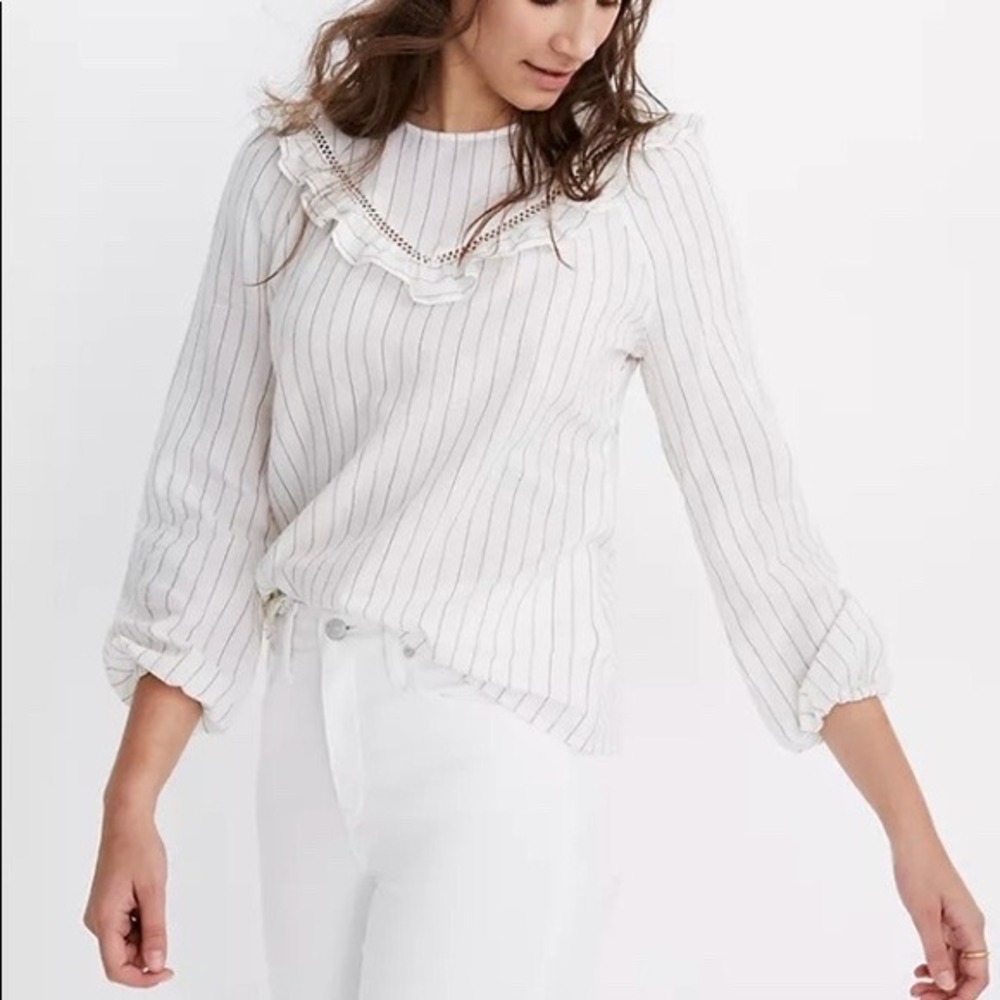 Madewell | Pinstripe Ruffle Yoke Prairie Top - White and Black Cotton Blouse